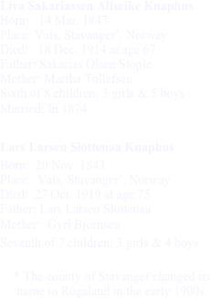 Liva Sakariassen Alfseike Knaphus 
Born:   14 Mar. 1847 
Place: Vats, Stavanger*, Norway 
Died:   18 Dec. 1914 at age 67 
Father: Sakarias Olsen Stople 
Mother: Martha Tollefsen 
Sixth of 8 children; 3 girls & 5 boys 
Married: In 1874

Lars Larsen Slottenaa Knaphus 
Born:  20 Nov. 1843 
Place:  Vats, Stavanger*, Norway 
Died:  27 Oct. 1919 at age 75 
Father: Lars Larsen Slottenaa 
Mother:  Gyri Bjornsen 
Seventh of 7 children; 3 girls & 4 boys 

* The county of Stavanger changed its name to Rogaland in the early 1900s.
